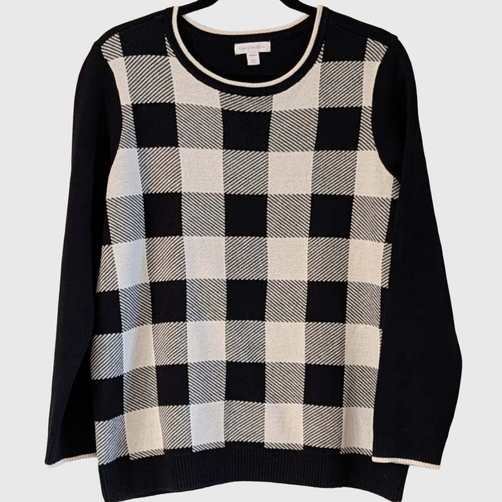 Charter Club Women's L Buffalo Plaid Sweater Black Ivory Cotton Blend Crewneck